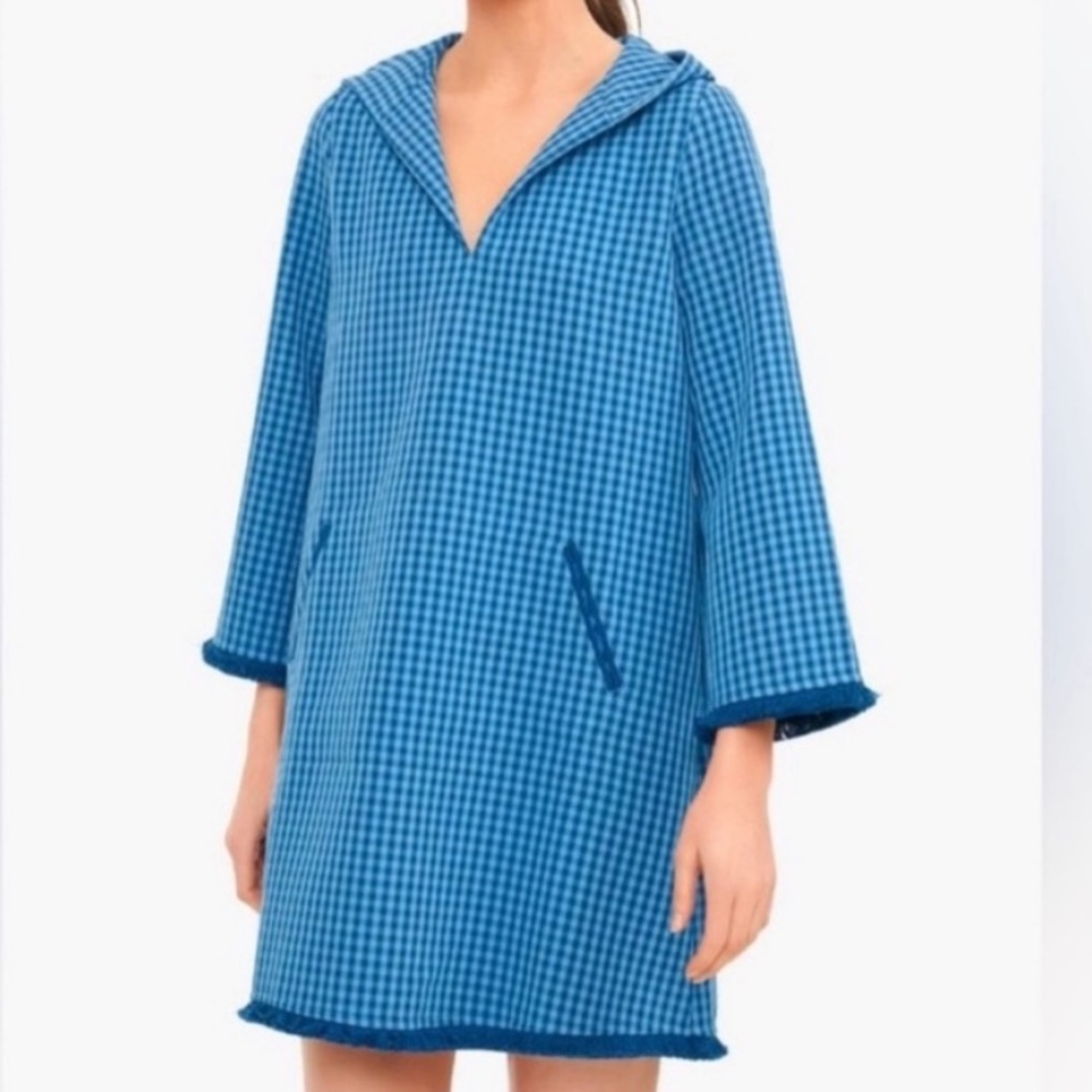 Tuckernuck blue check hooded mini dress | beach coverup, athleisure style dress